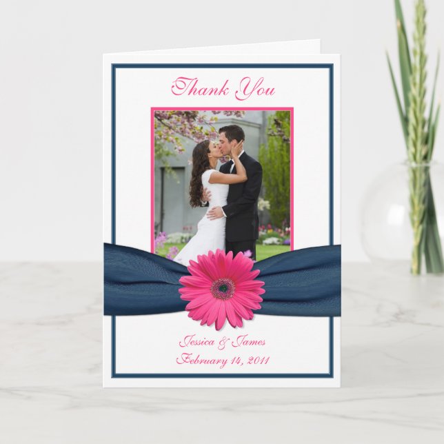 Pink Gerbera Daisy Navy Foto Hochzeit Vielen Dank Dankeskarte (Vorderseite)