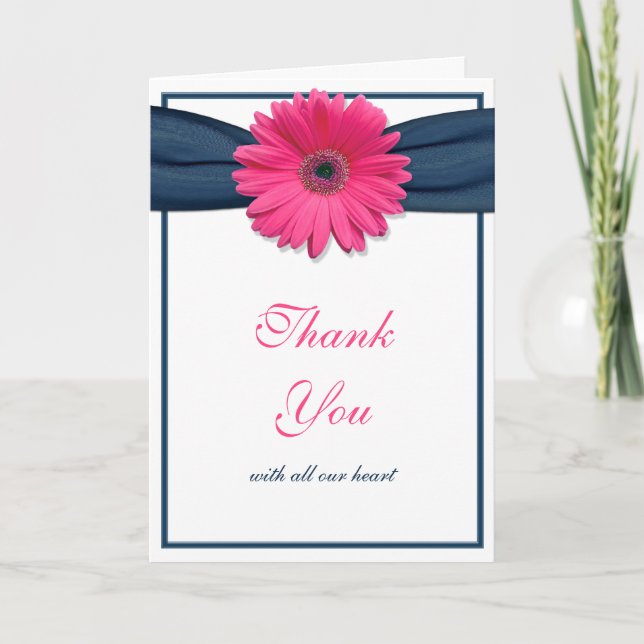 Pink Gerbera Daisy Navy Ribbon Wedding Vielen Dank Dankeskarte (Vorderseite)