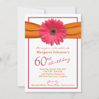 Pink Gerbera Daisy Orange Ribbon 60. Geburtstag Einladung