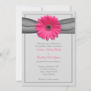 Pink Gerbera Daisy Silver Gray Ribbon Einladung