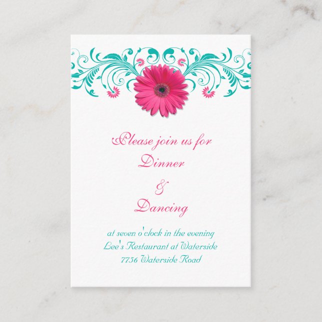 Pink Gerbera Daisy Türkise Floral Empfang Card Begleitkarte (Vorderseite)
