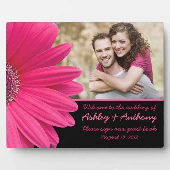 Pink Gerbera Daisy Wedding Foto Sign Plaque Fotoplatte (Vorderseite)