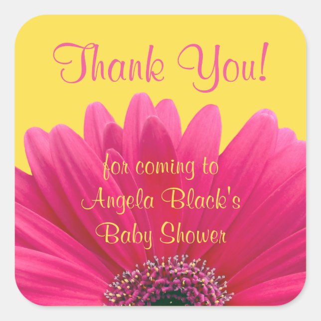Pink Gerbera Daisy Yellow Baby Dusche Vielen Dank Quadratischer Aufkleber (Vorderseite)