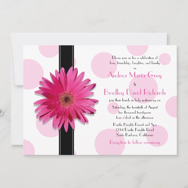 Pink Gerbera Polka Dot Wedding Einladung (Vorderseite)