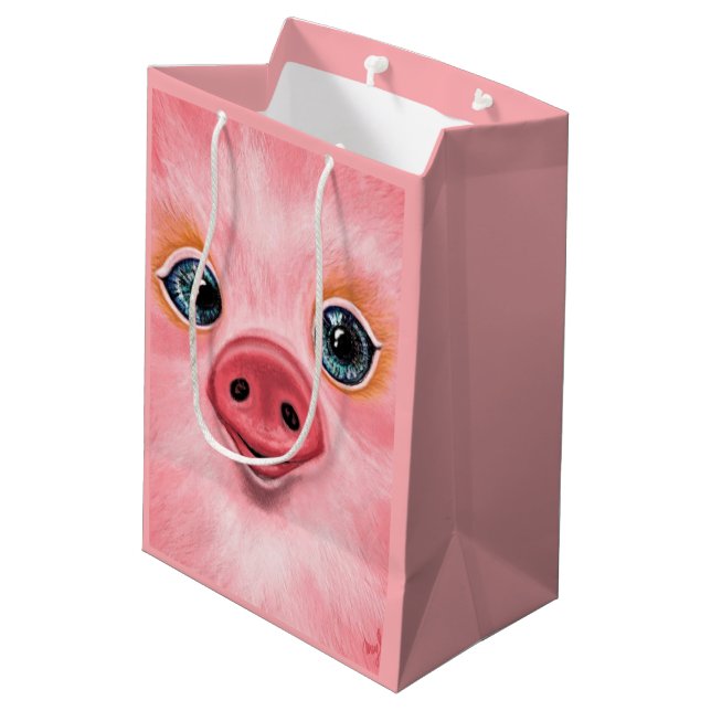 Pink Geschenktasche mit Baby Pig - Lächeln Mittlere Geschenktüte (Rückseite Schrägansicht)