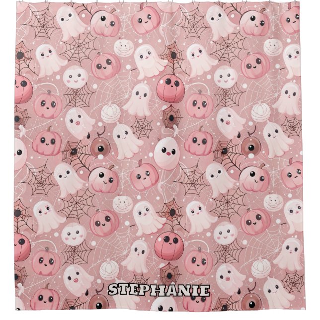 Pink Ghosts & Pumpkins Whimsisches Halloween Duschvorhang (Vorderseite)