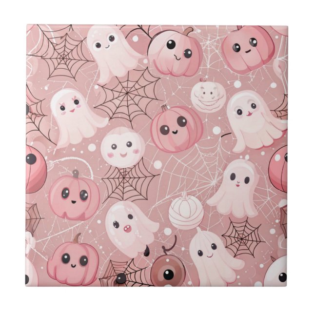 Pink Ghosts & Pumpkins Whimsisches Halloween Fliese (Vorderseite)