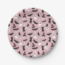 Pink Ghosts Skulls Ravens Cats Halloween Muster Pappteller