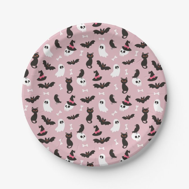 Pink Ghosts Skulls Ravens Cats Halloween Muster Pappteller (Vorderseite)