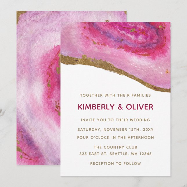 Pink Gilt Agate Hochzeitseinladungen Einladung (Vorne/Hinten)