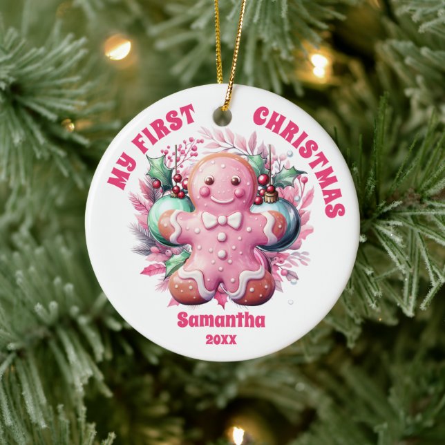 Pink Gingerbread Baby's First Christmas Ornament (Baum)