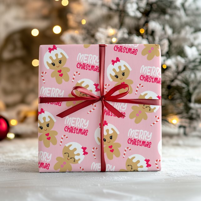 Pink Gingerbread Girl Weihnachtswrapping Paper Geschenkpapier (Von Creator hochgeladen)