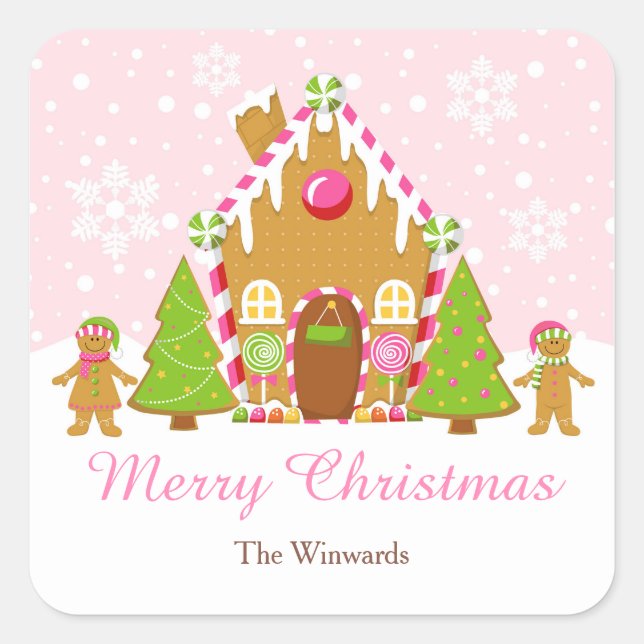 Pink Gingerbread Haus Dekorieren Weihnachtsfest Pa Quadratischer Aufkleber (Vorderseite)