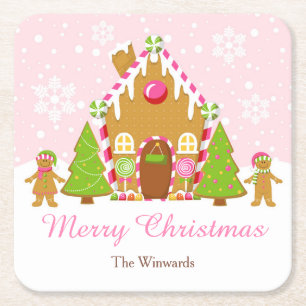 Pink Gingerbread Haus Dekorieren Weihnachtsfest Pa Rechteckiger Pappuntersetzer