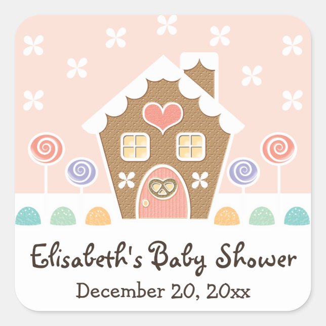 PINK GINGERBREAD HOUSE BABY SHOWER GASTGESCHENK QUADRATISCHER AUFKLEBER (Vorderseite)