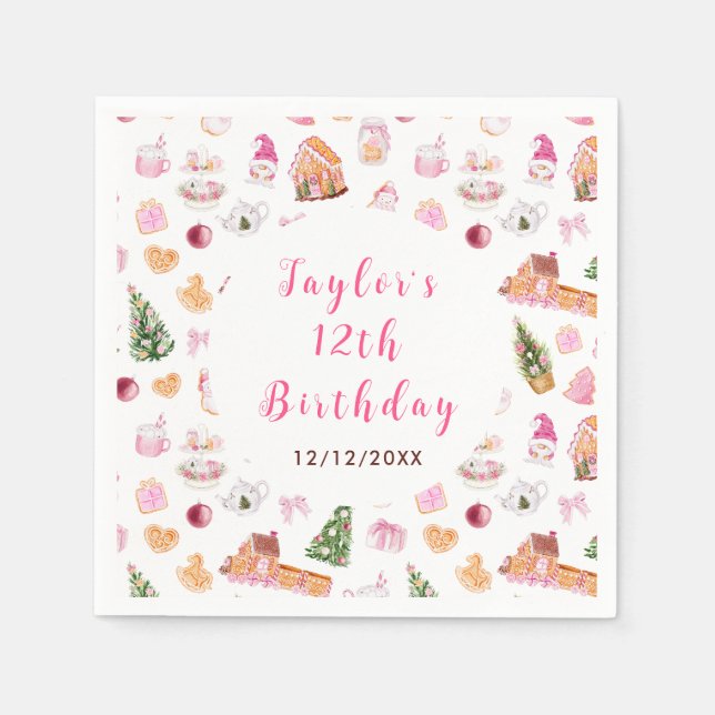 Pink Gingerbread House Birthday Party Serviette (Vorderseite)