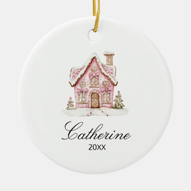 Pink Gingerbread House Christmas Custom Name Keramik Ornament (Vorne)