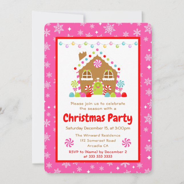 Pink Gingerbread House Christmas Party Einladung (Vorderseite)