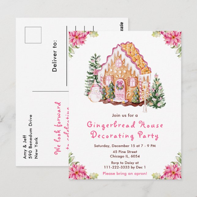 Pink Gingerbread House Dekoratives Party Postkarte (Vorne/Hinten)