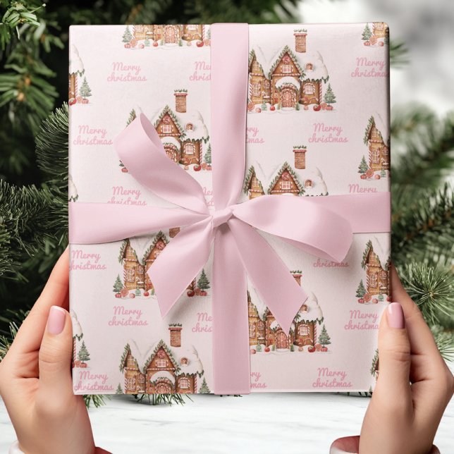 Pink Gingerbread House Frohe Weihnachten Geschenkpapier (Von Creator hochgeladen)
