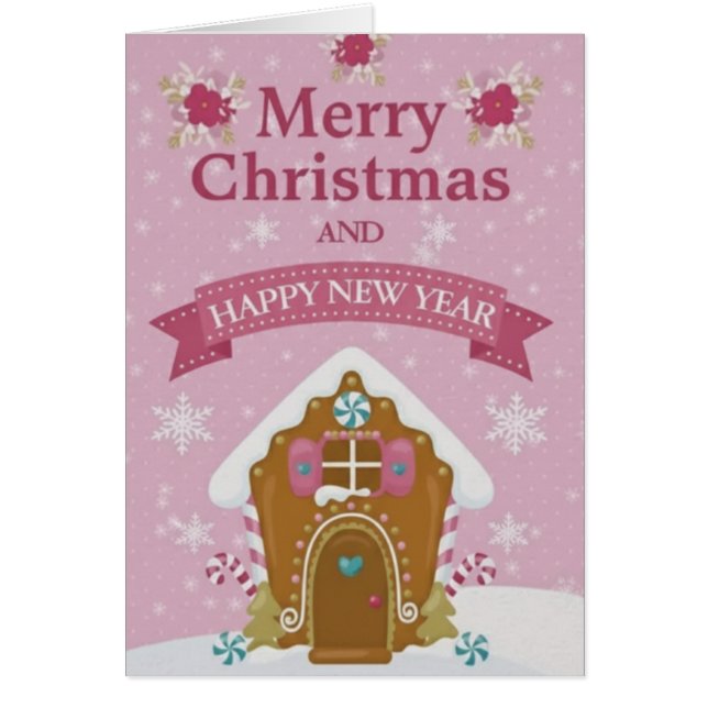 Pink Gingerbread House Merry Christmas Card Small (Vorne)