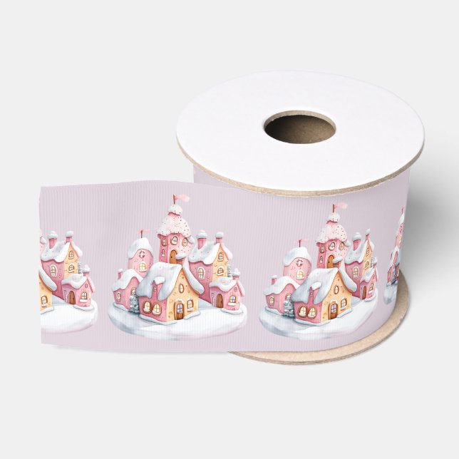 Pink Gingerbread Village On Light Gray Ripsband (Spule)