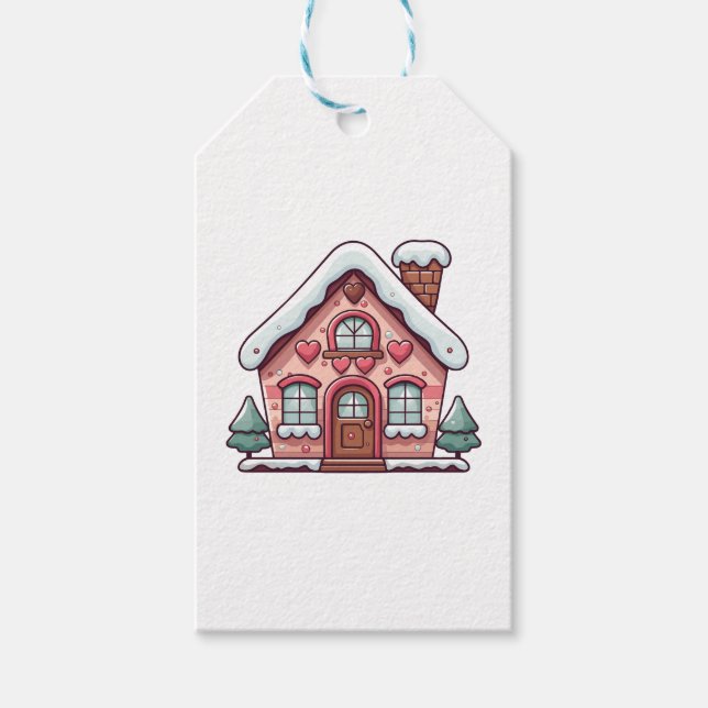 Pink Gingerbrot Haus mit Herz Geschenkanhänger (Vorderseite)