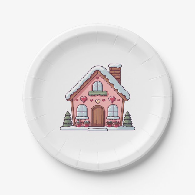 Pink Gingerbrot Haus mit Herz Pappteller (Vorderseite)