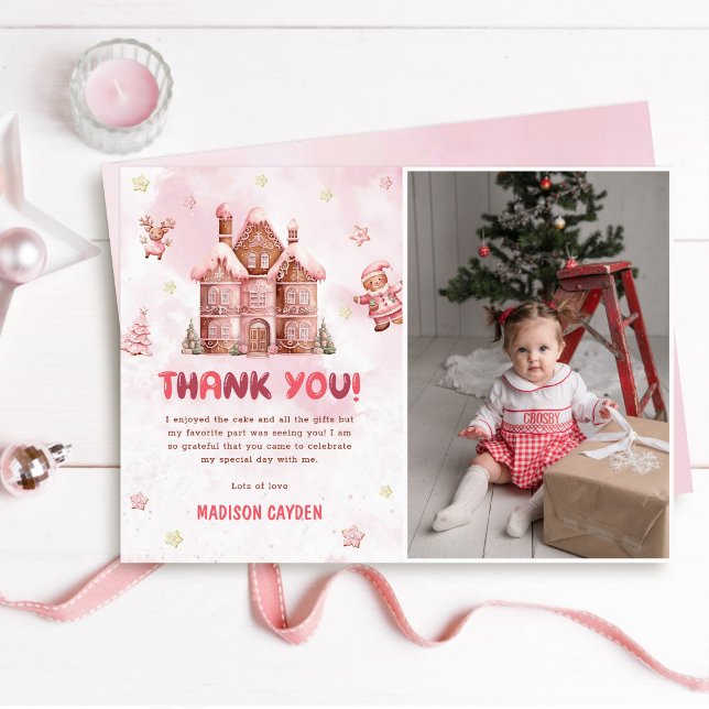 Pink Gingerbrot Weihnachten Geburtstag Foto Dankeskarte (Von Creator hochgeladen)