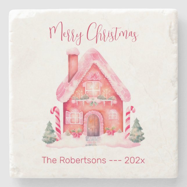Pink Gingerbrot Weihnachten im Haus Steinuntersetzer (Vorderseite)