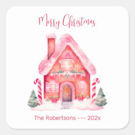 Pink Gingerbrot Weihnachtsaufkleber im Haus Quadratischer Aufkleber