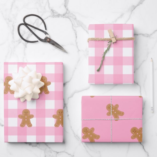 Pink Gingerbrot Wrapping Paper Set 3 Geschenkpapier Set (Vorderseite)