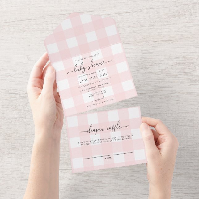 Pink Gingham All in one baby Dusche Einladung (Abreißen)