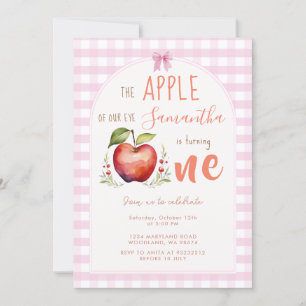 Pink Gingham Apple Watercolor - Erster Geburtstag Einladung