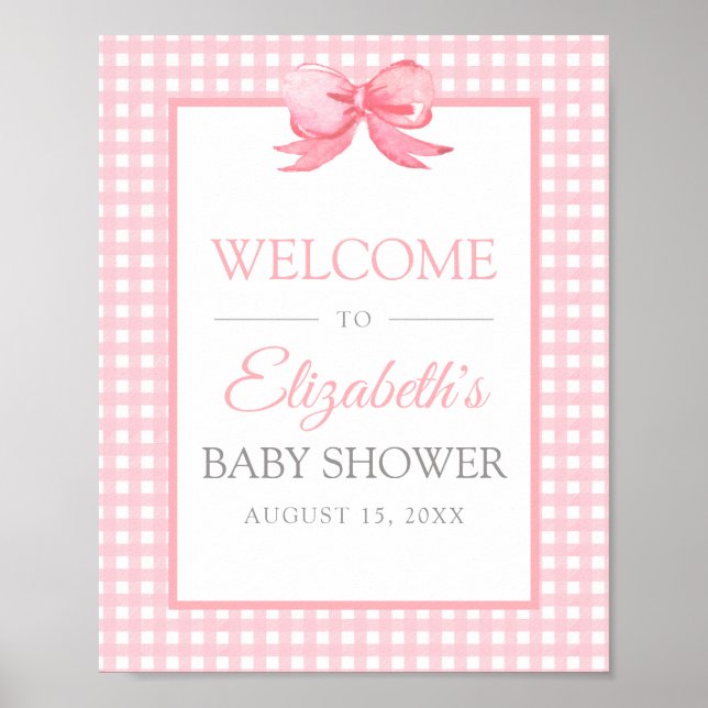 Pink Gingham Baby Dusche Willkommenspender Poster (Vorne)