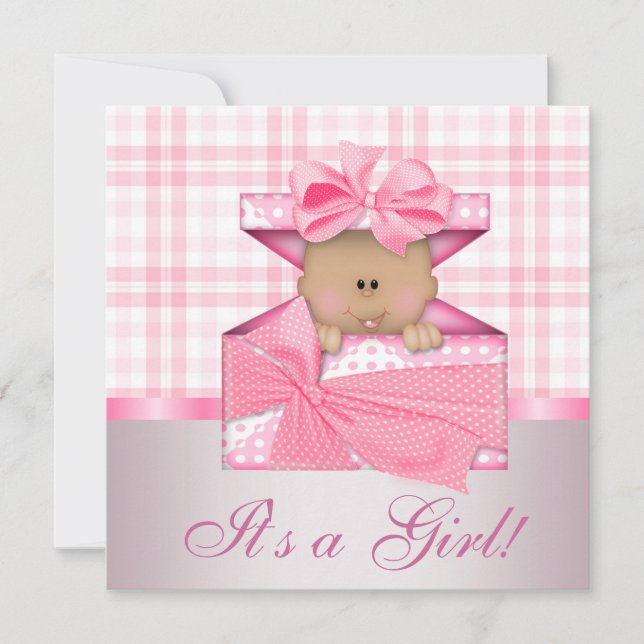 Pink Gingham Baby Girl Dusche Einladungen (Vorderseite)