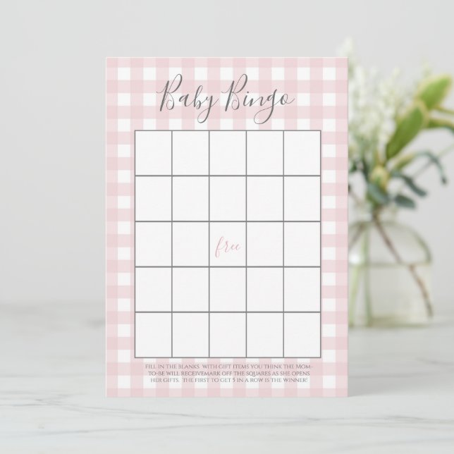 Pink Gingham Baby GIrl Duwer Bingo Cards Hinweiskarte (Stehend Vorderseite)