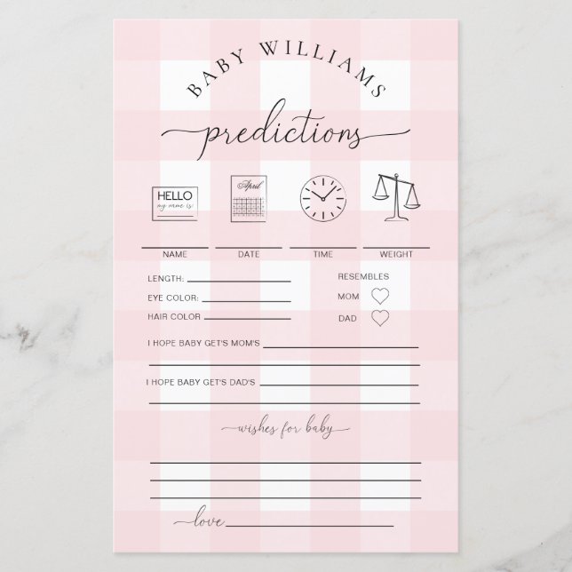 Pink Gingham Baby Predictions Game (Vorderseite)