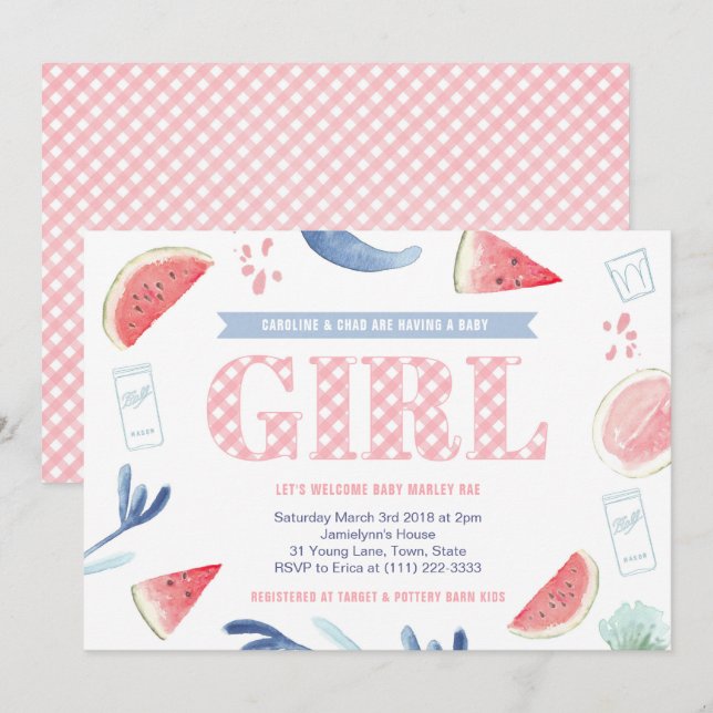 Pink Gingham Baby-q Paares Baby Shower for Girl Einladung (Vorne/Hinten)