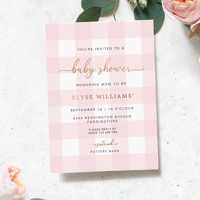 Pink Gingham Baby Shower Foil Einladung (Pink Gingham Girl Baby Shower Invitation Gold Foil)