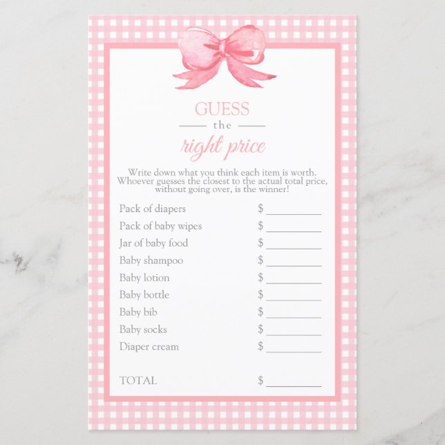 Pink Gingham Baby Shower Raten Sie das Preisspiel (Vorderseite)