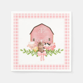 Pink Gingham Barnyard Birthday Paper Napkins Serviette