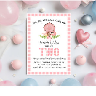 Pink Gingham Barnyard Zweiter Geburtstag Einladung