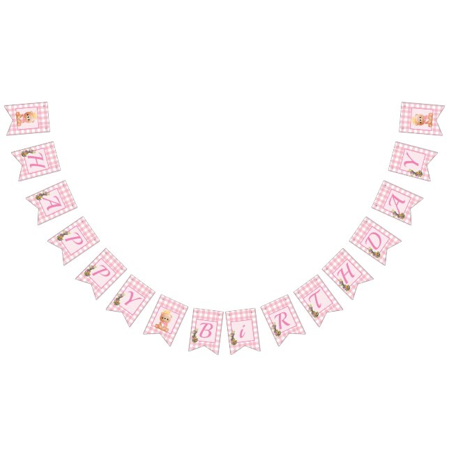 Pink Gingham Bear Cub Happy Birthday Wimpelkette (Alle)