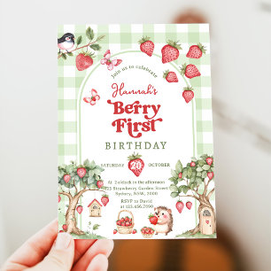 Pink Gingham Beere Erste Erdbeere 1. Geburtstag Einladung