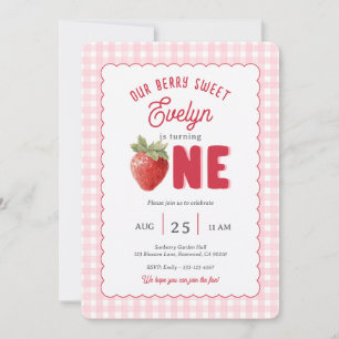 Pink Gingham Beeren Erste Erdbeer-Themen Einladung