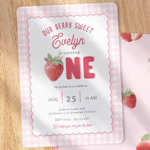 Pink Gingham Beeren Erste Erdbeere Thema Einladung