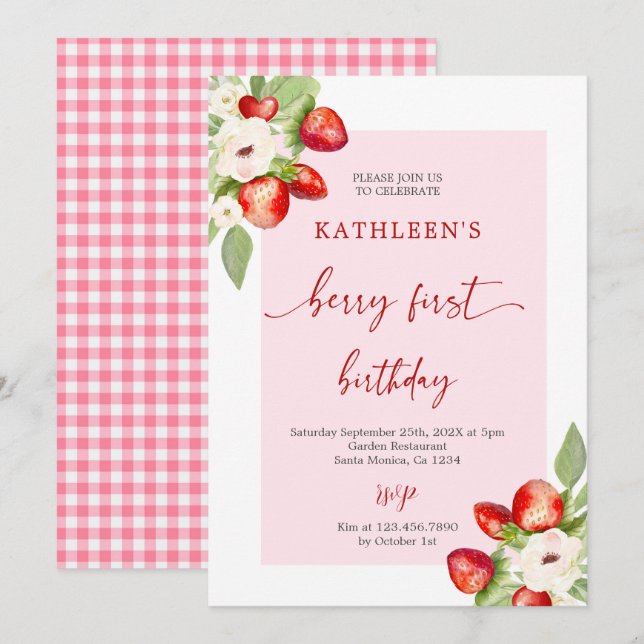 Pink Gingham Berry First Birthday Girl Einladung (Vorne/Hinten)