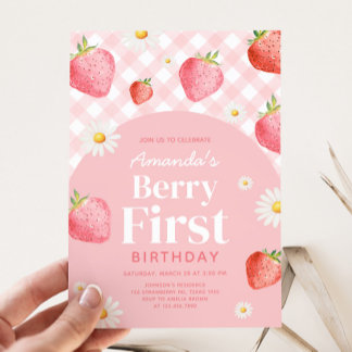 Pink Gingham Berry First Birthday Party Einladung