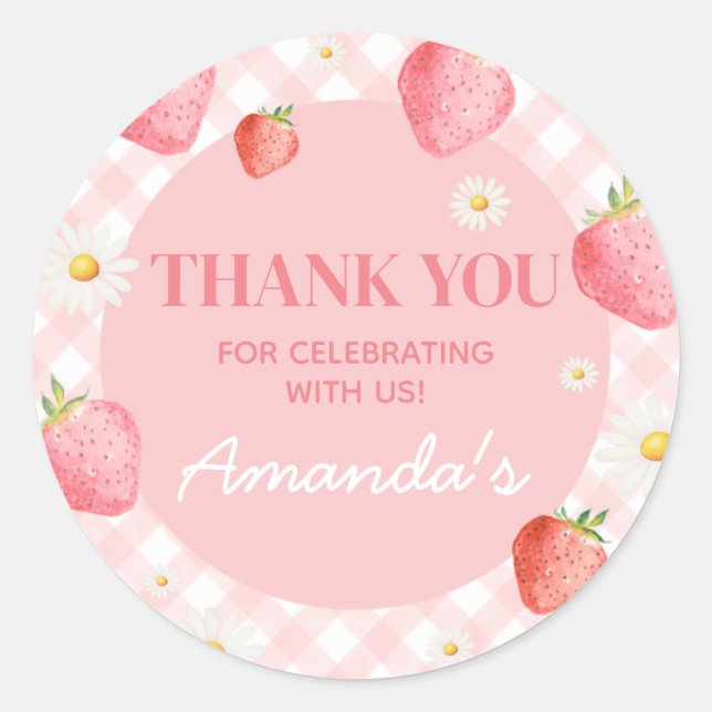 Pink Gingham Berry First Birthday Party Runder Aufkleber (Vorderseite)